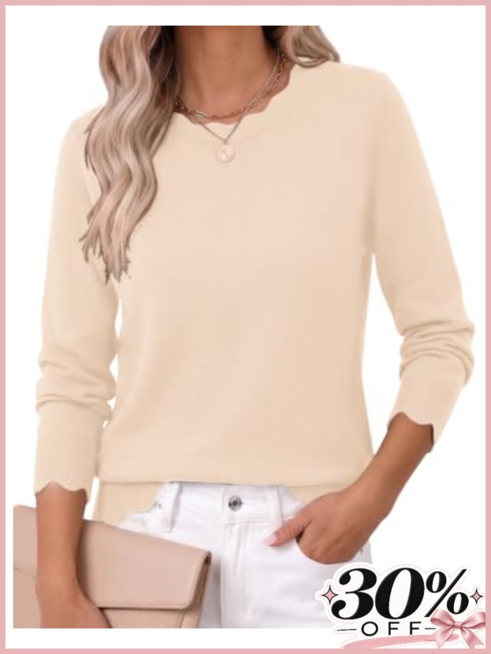Scalloped Long Sleeve Pullover Sweater Women Fall Layering Knit